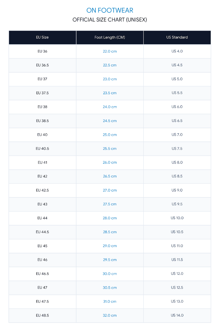 On Size Chart Official