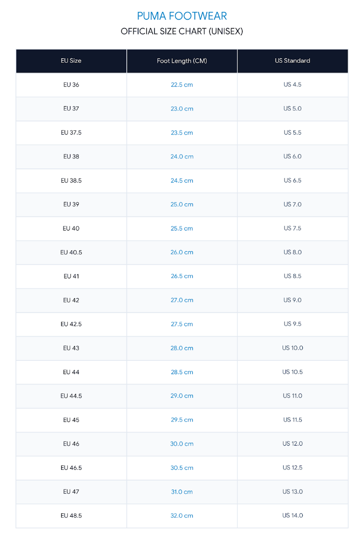 Puma Size Chart Official